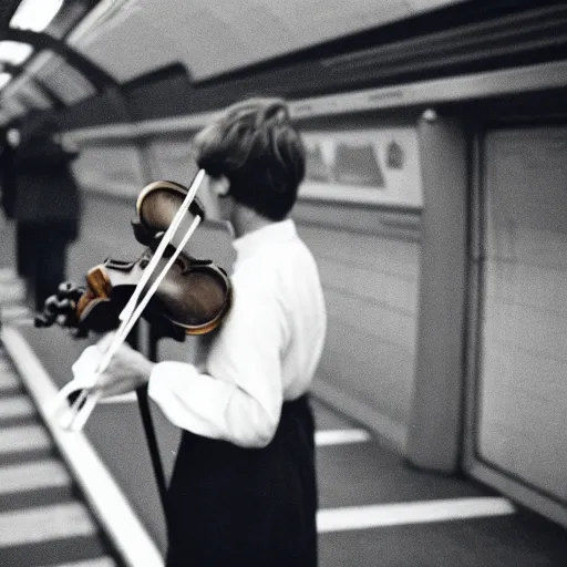 Image similar to photo, violin player, london underground, 5 0 mm f / 1. 4, cinestill 8 0 0,