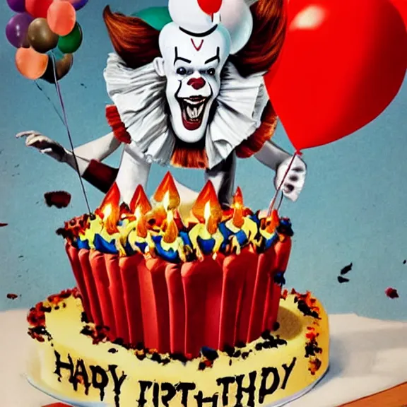 Image similar to a movie poster featuring Pennywise jumping out of a birthday cake