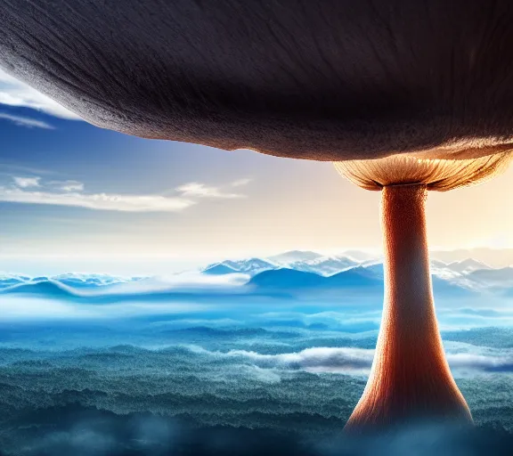 Image similar to a giant mushroom that stretches above the clouds with a city built into it underneath. highly detailed 8 k. intricate. lifelike. soft light. nikon d 8 5 0. cinematic post - processing