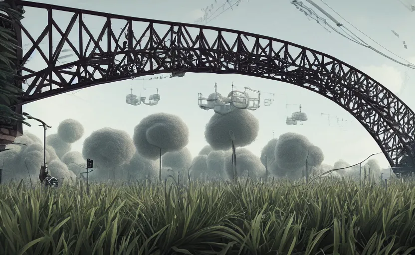 Image similar to explosions in the form of realistic cotton plants cover harbour bridge, huge cotton plants everywhere, smooth, sharp focus, highly detailed, 3 d octane render, epic lighting, dark atmosphere, lots of cotton plants, 8 k, by goro fujita