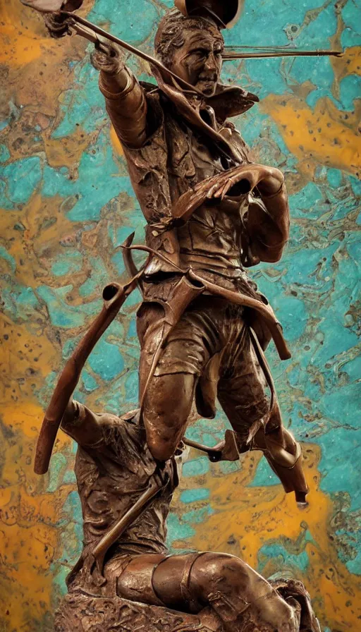 Image similar to An epic fantastic realism comic book style painting of a distressed bronze archery sculpture from the future by Stanislaw Szukalski, beautiful colorful flowers rain down, gilded marbled paper background, archer, fisheye lens, unreal 5, DAZ, hyperrealistic, octane render, dynamic lighting