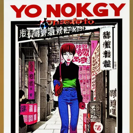 Prompt: glossy old advertising poster, young woman walking through crowded hong kong street, vendors, zombies, horror, drawn comic by junji ito, pastels, gradient,