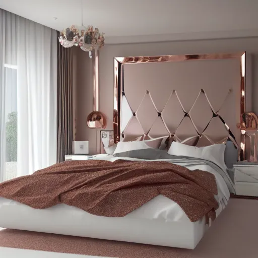 Image similar to 3 d render of white bedroom with rose gold metallic accents