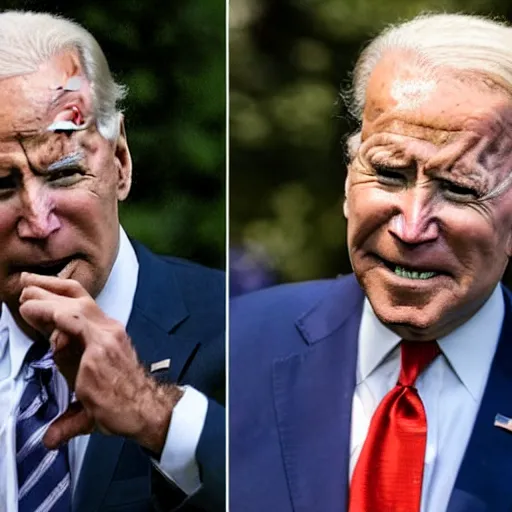 Prompt: a monster from predator destroys joe biden on the white house lawn