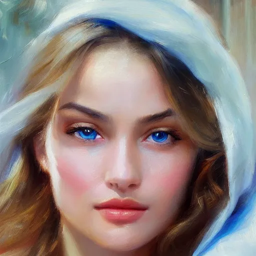 Prompt: extreme close - up of a beautiful woman's face, morning, highly detailed, ultrarealistic oil painting, vladimir volegov, artstation