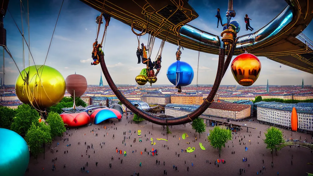 Image similar to large colorful futuristic space age metallic steampunk steam - powered balloons with pipework and electrical wiring around the outside, and people on rope swings underneath, flying high over the beautiful berlin city landscape, professional photography, 8 0 mm telephoto lens, realistic, detailed, photorealistic, photojournalism