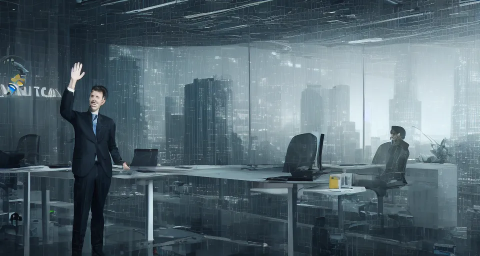Image similar to Dramatic photo of a CEO waving to his coworkers in a futuristic office. Cryptocurrency coins are levitating all around them. 8k, high detail, trending on Artstation, volumetric lighting, cyberpunk