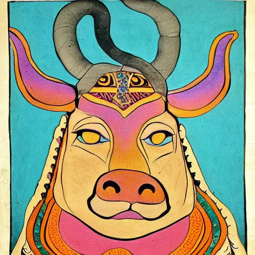 Prompt: a paining of a funky looking ox facing forward, pastel Colors, under one hoof is a snake and under the other is a rat in the style of classic Indian artwork