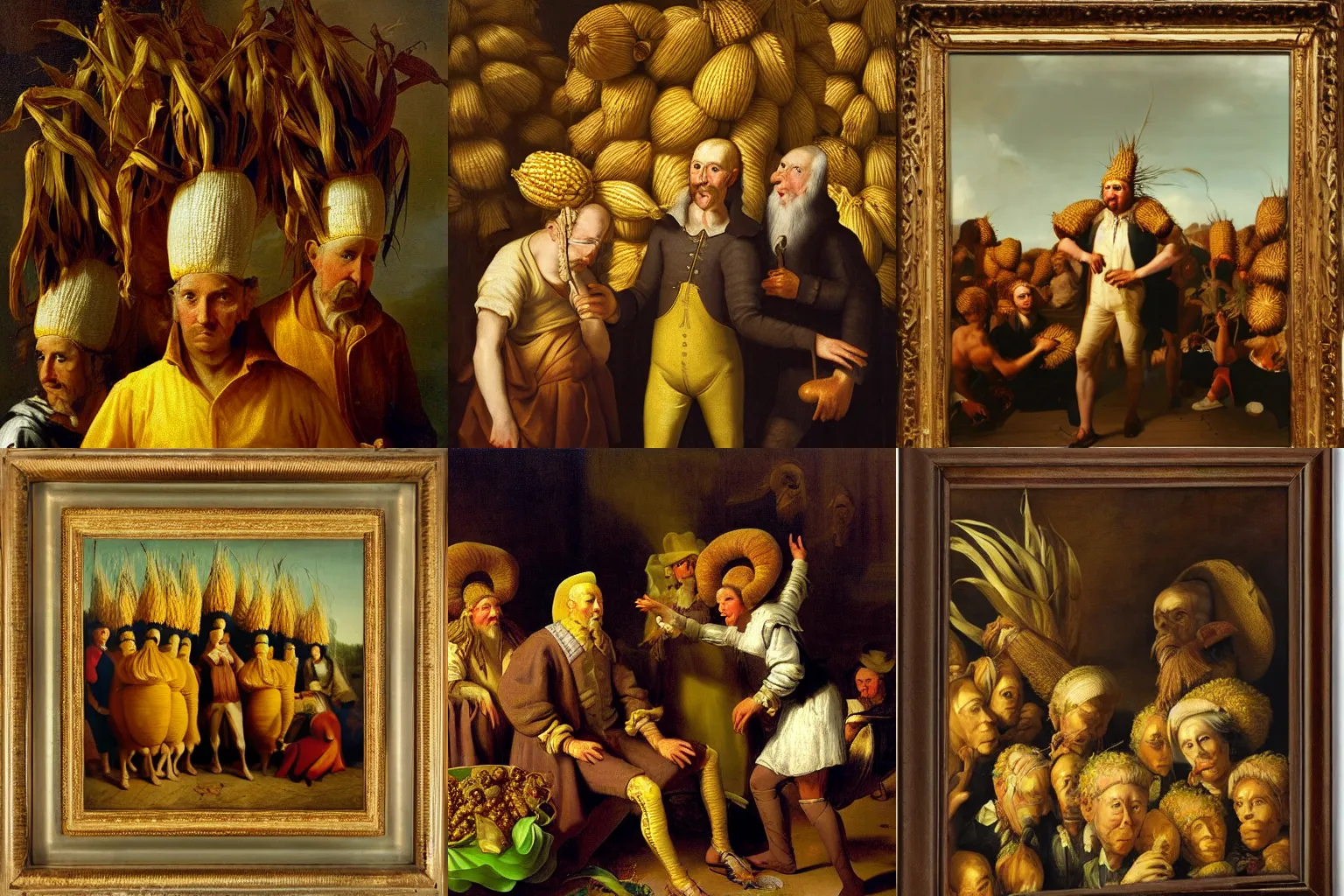 Prompt: corn man baroque painting, surrounding corn heads