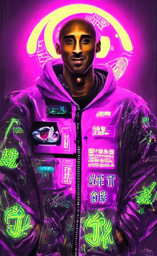 Image similar to detailed portrait Kobe Bryant Neon Operator, cyberpunk futuristic neon, reflective puffy coat, decorated with traditional Japanese ornaments by Ismail inceoglu dragan bibin hans thoma !dream detailed portrait Neon Operator Girl, cyberpunk futuristic neon, reflective puffy coat, decorated with traditional Japanese ornaments by Ismail inceoglu dragan bibin hans thoma greg rutkowski Alexandros Pyromallis Nekro Rene Maritte Illustrated, Perfect face, fine details, realistic shaded, fine-face, pretty face