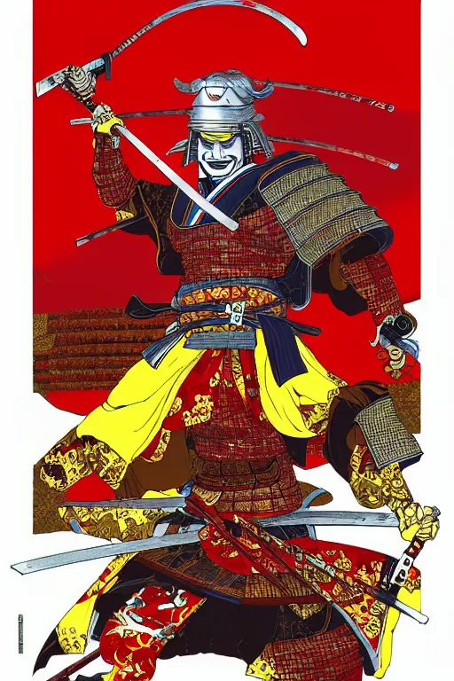 Prompt: poster of ronald mcdonald as a samurai, wearing sengoku - era shogunate armor and helmet, by yoichi hatakenaka, masamune shirow, josan gonzales and dan mumford, ayami kojima, takato yamamoto, barclay shaw, karol bak, yukito kishiro