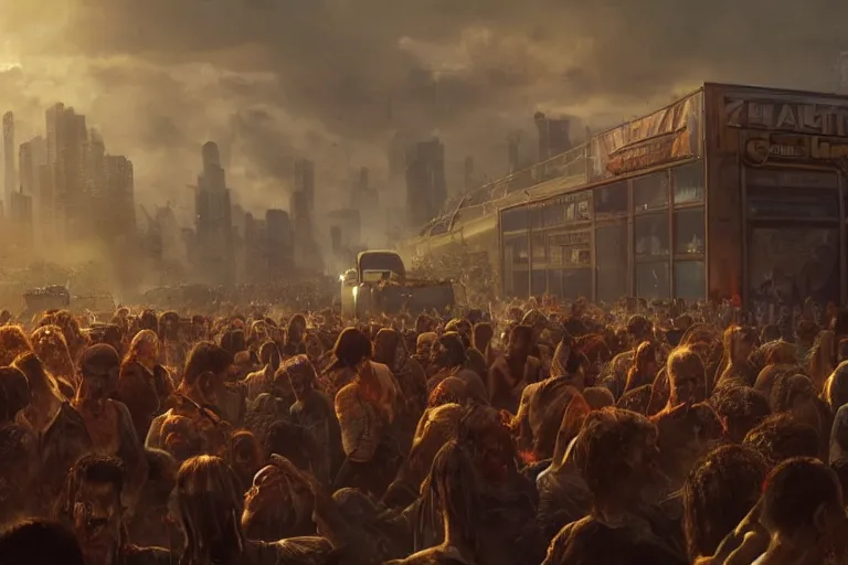 Prompt: a crowd zombies having a tailgate party, matte painting, long shot, concept art, wide shot, digital art, trending on artstation, 4 k, extremely detailed, realistic, midday, warm colors, golden sunlight, by greg rutkowski, cinematic, epic