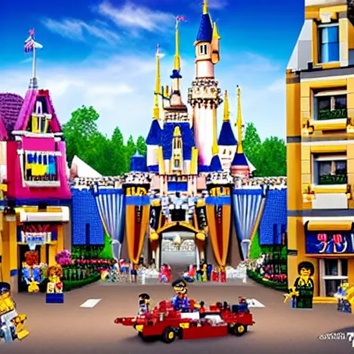 Image similar to Box art for a LEGO set of the entire Disneyland park