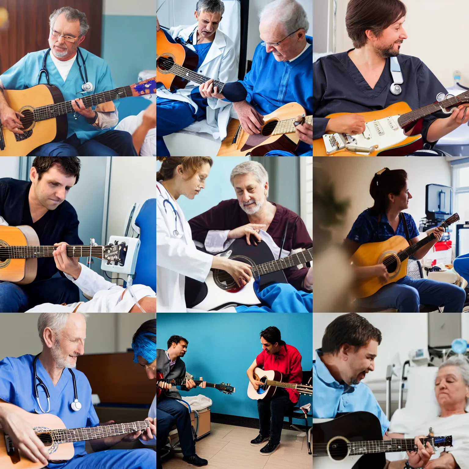 Prompt: doctor playing guitar in front of patient at hospital