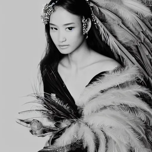 Prompt: portrait of asian princess bird sitting on the tree brunch, fashion photography, dress with feathers, jewellery, beautiful face, elegant, stylish, cool, deep gaze, emotionally touching, tenderness, high quality, photo realistic, work in the style of annie leibowitz