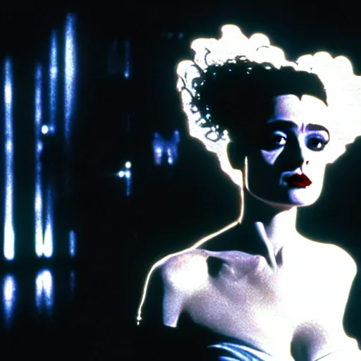 Prompt: cinematic portrait of gentle helena bonham carter as bride of frankenstein as a replicant in a busy nightclub,, still from the movie bladerunner, fashion photography, a sign is in the background, 8 k, high detail, face in focus