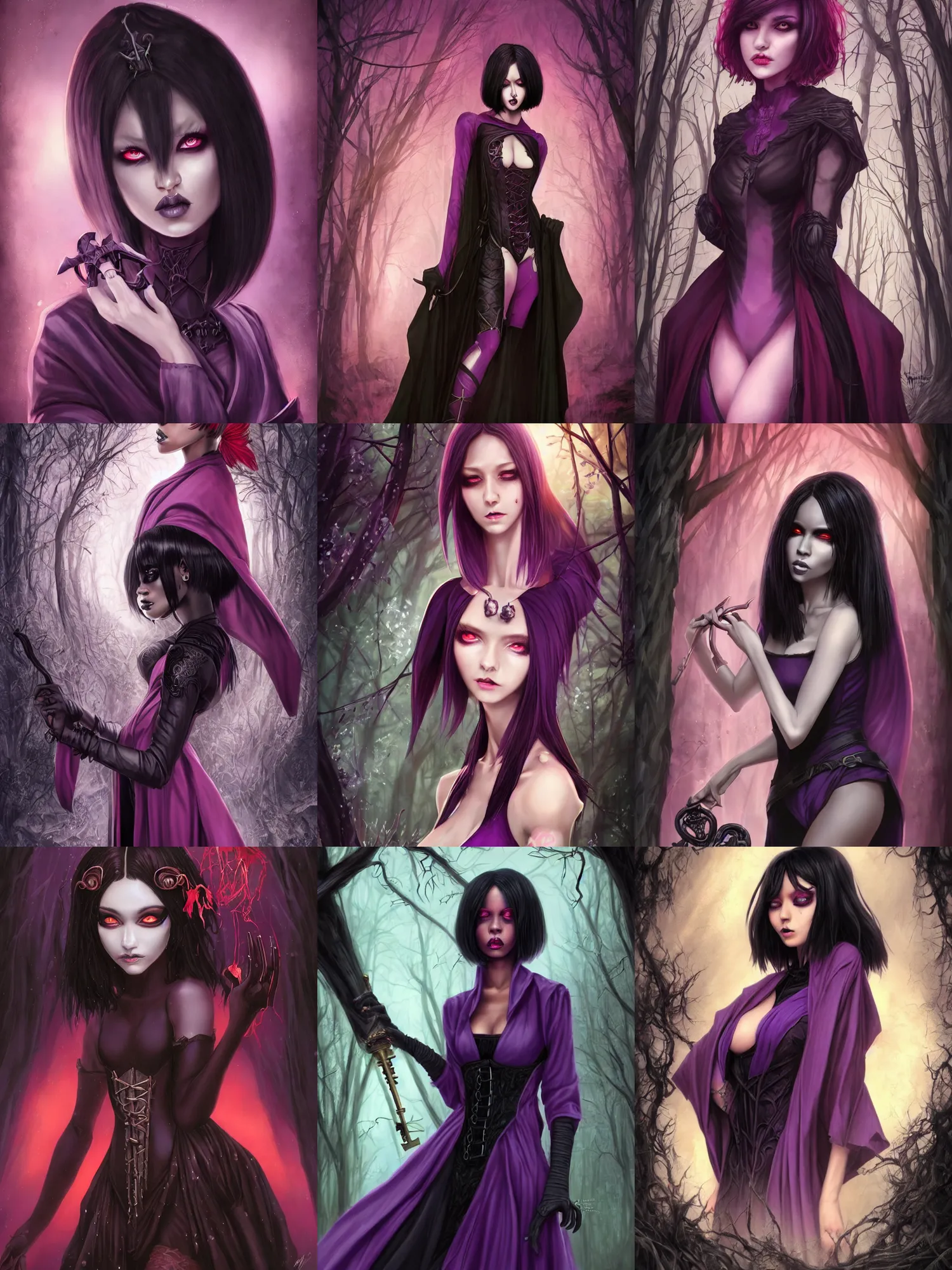 Prompt: full portrait of a dark fantasy female necromancer, black skin, skinny, saggy purple robes, pretty, black bob haircut, red eyes, circlet, corset, finesse, key visual, realistic shaded perfect face, gloom, fine details, forest background, smooth, highly detailed, digital illustration, by artgerm, rossdraws, frank franzzeta