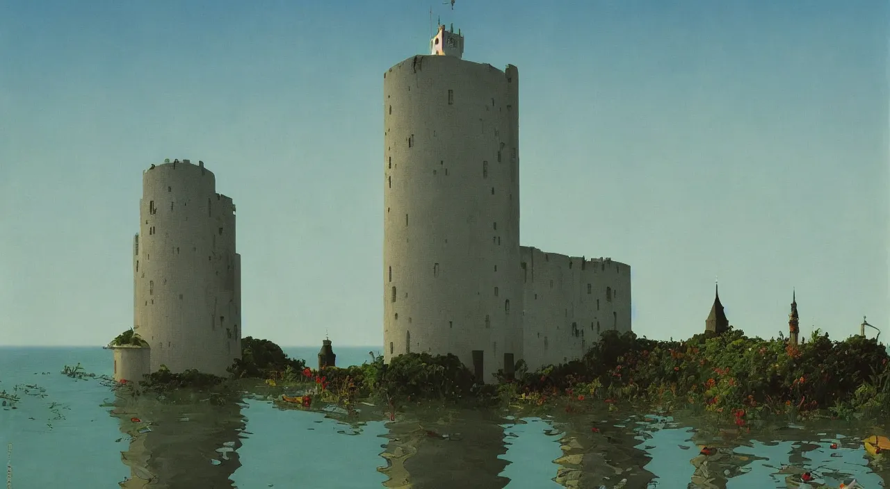 Image similar to single flooded simple white tower, very coherent and colorful high contrast!! masterpiece by rene magritte simon stalenhag carl spitzweg syd mead norman rockwell edward hopper james gilleard, minimalist, dark shadows, sunny day, hard lighting