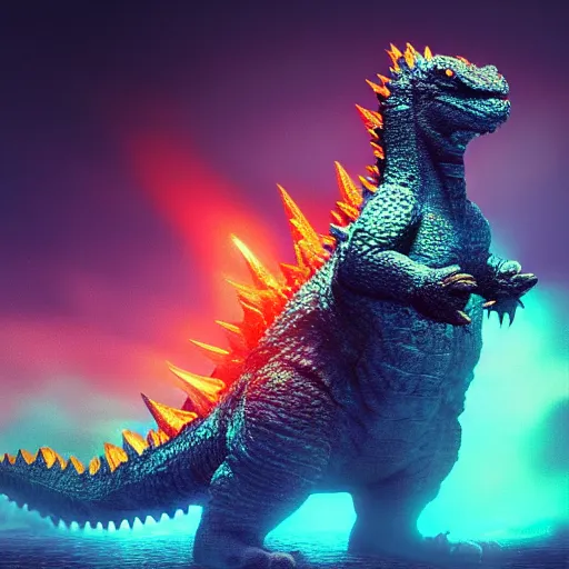 Image similar to photorealistic cute godzilla. hyperdetailed photorealism, 1 0 8 megapixels, amazing depth, glowing rich colors, powerful imagery, psychedelic overtones, 3 d finalrender, 3 d shading, cinematic lighting, artstation concept art