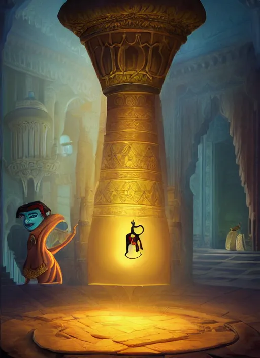 Prompt: genie coming out of his lamp in the middle of a palace . by Ciryl Rolando, hyperrealistic illustration, digital art, 4k, very detailed faces