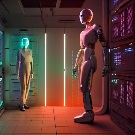 Image similar to hyperrealism stock photo of highly detailed stylish humanoid robot in sci - fi cyberpunk style by gragory crewdson and vincent di fate with many details by josan gonzalez working in the highly detailed data center by mike winkelmann and laurie greasley rendered in blender and octane render