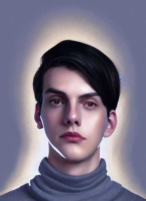 Image similar to portrait of teenage jughead jones wearing a light grey crown, crown, blue turtleneck, closed eyes, photorealistic, black hair, glowing lighting, intricate, elegant, glowing lights, highly detailed, digital painting, artstation, concept art, smooth, sharp focus, illustration, art by wlop, mars ravelo and greg rutkowski