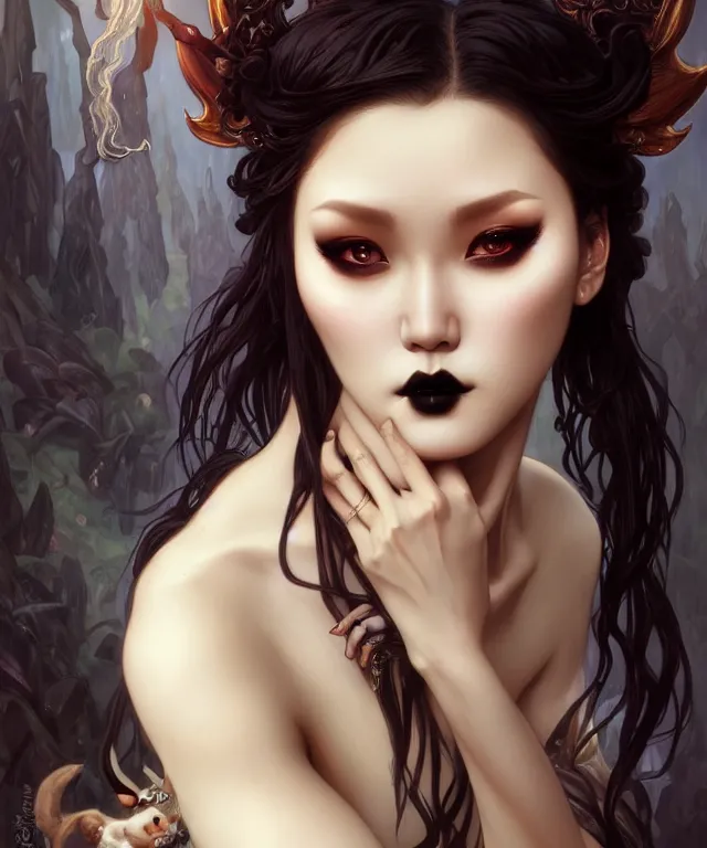 Image similar to hwasa as a gothic female fantasy satyr, portrait, fantasy, intricate, elegant, highly detailed, digital painting, artstation, concept art, smooth, sharp focus, illustration, art by artgerm and greg rutkowski and alphonse mucha