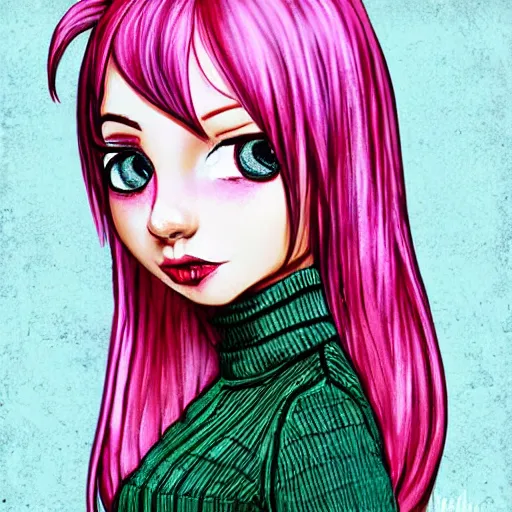 Prompt: alt girl with pink hair, cute outfit, digital art, portrait, highly detailed
