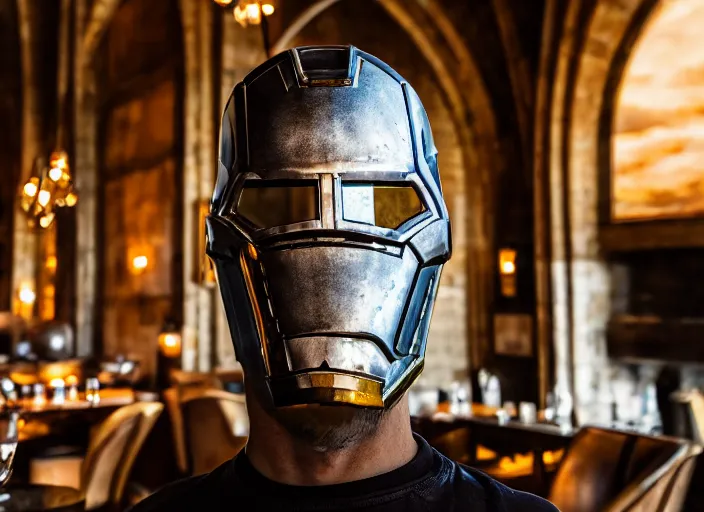 Image similar to a reflective steel engineering ironman mask at a high end bar in a medieval themed castle in golden afternoon light, professional food photography