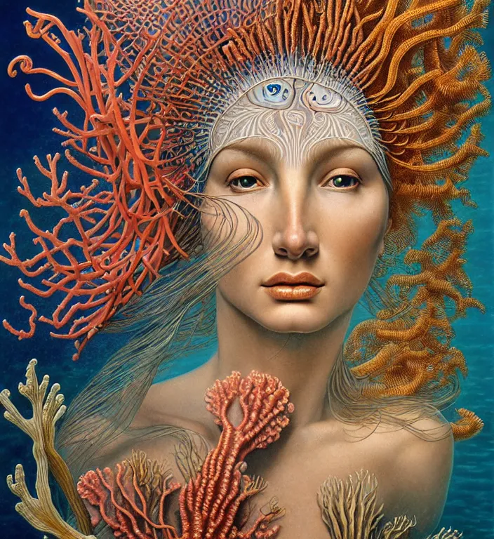 Image similar to realistic detailed underwater portrait of the goddess of the fish of the three times with an intricate headdress of corals, sea kelp, sea plants, fish, jellyfish, art by boris vallejo and ernst haeckel, face in focus in the middle, neo - gothic, gothic,