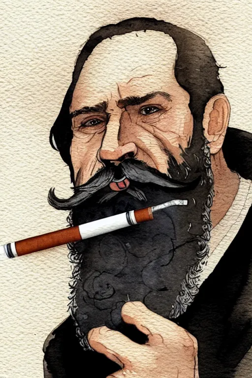 Image similar to portrait of a middle - aged writer with a beard, he is smoking a cigarette, watercolor style of greg rutkowski