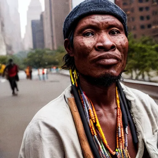 Image similar to a native man from an uncontacted Congolese tribe is brought into modern day New York and experiences severe shock, portrait photography