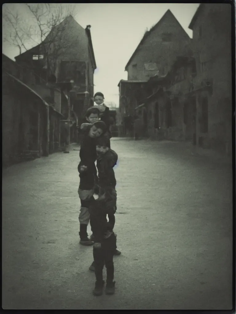 Image similar to only two kids posing for a picture, late at night, dark, backlighting, small village, empty town square, old polaroid, color