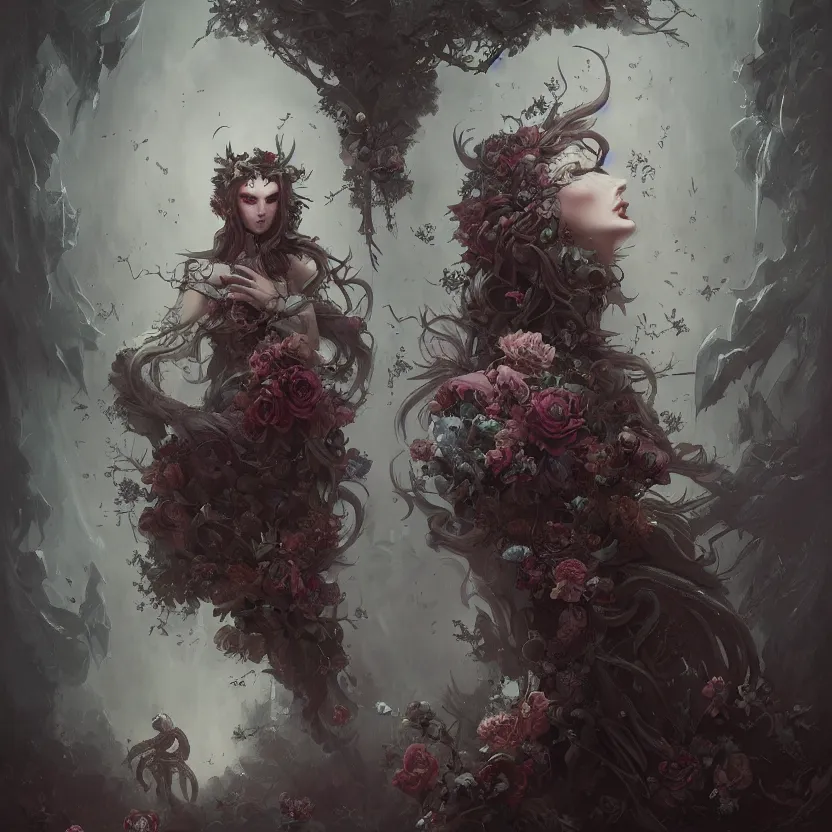 Image similar to portrait of a Gothic goddess of floral rivars, mystical, dark and mysterious, atmospheric, ominous, eerie, cinematic, Epic, 8k, 4k, ultra detail, ultra realistic, rendered by Peter Mohrbacher, Artstation, fantasy art