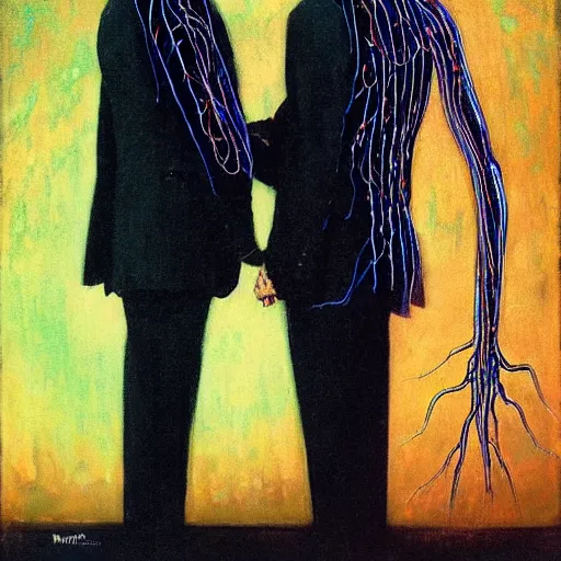 Prompt: two lovers wearing a suit made of nervous system, channeling third eye energy, surrounded by a background of dark cyber mystic void, midnight hour, painted part by wojciech siudmak, part by ilya repin, part by norman rockwell, part by hype williams, artstation