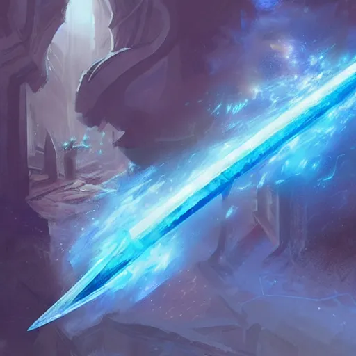 Image similar to fantasy greatsword glowing with blue magical power displayed in a case, art by greg rutkowski