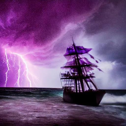 Image similar to purple color lighting storm with stormy sea, pirate ship firing its cannons real life trippy nebula sky 50mm shot