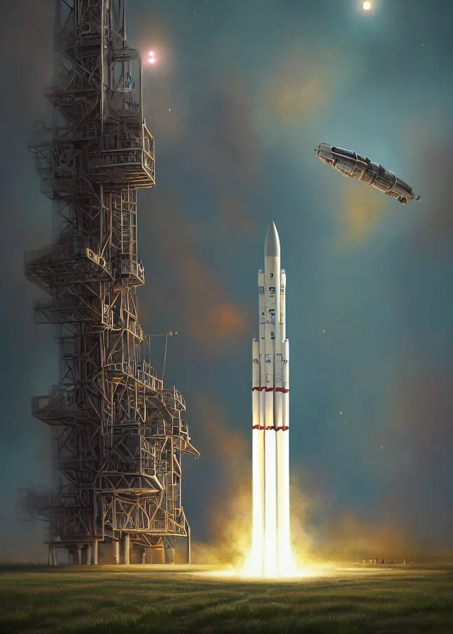 Image similar to epic professional digital art of complex heavy vertical rocket on launch pad, at takeoff, ambient light, painted,, cinematic, detailed, grand, leesha hannigan, wayne haag, reyna rochin, ignacio fernandez rios, mark ryden, van herpen, artstation, cgsociety, epic, stunning, gorgeous, wow wow detail