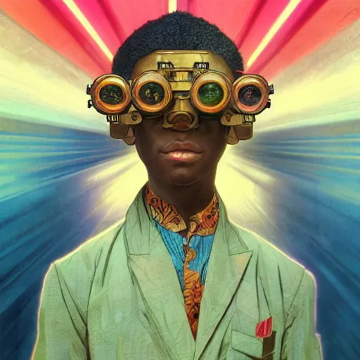 Image similar to colourful vfx upper half - portrait - art of a nigerian boy wearing steam punk goggles, art by utagawa kunisada, james jean & alphonse mucha, symmetrical, intricate detail, concept art, volumetric light, ray tracing, caricature, digital illustration, octane 3 d render, unreal engine, sharp, pinterest, behance, art station,