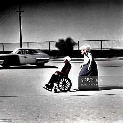 Image similar to Old woman in a wheelchair is chased by the police at very high speed. police cars in the background chasing the woman. texas desert. dramatic journalism, colored photo. 1970.