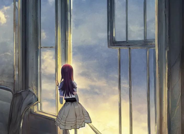 Prompt: anime girl in skirt looking out the window at megopolois and sunset, dynamic composition, motion, ultra-detailed, incredibly detailed, a lot of details, amazing fine details and brush strokes, colorful and grayish palette, smooth, HD semirealistic anime CG concept art digital painting, watercolor oil painting of Clean and detailed post-cyberpunk sci-fi close-up schoolgirl in asian city in style of cytus and deemo, blue flame, relaxing, calm and mysterious vibes,, by a Chinese artist at ArtStation, by Huang Guangjian, Fenghua Zhong, Ruan Jia, Xin Jin and Wei Chang. Realistic artwork of a Chinese videogame, gradients, gentle an harmonic grayish colors. set in half-life 2, Matrix, GITS, Blade Runner, Neotokyo Source, Syndicate(2012), dynamic composition, beautiful with eerie vibes, very inspirational, very stylish, with gradients, surrealistic, dystopia, postapocalyptic vibes, depth of field, mist, rich cinematic atmosphere, perfect digital art, mystical journey in strange world