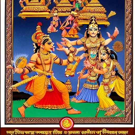 Image similar to indian mythological war of gods, hindu gods, ramayana scene