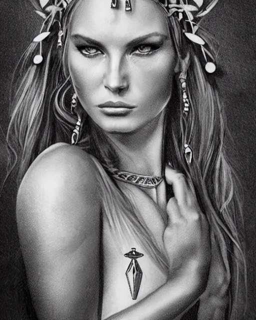 Image similar to realism tattoo sketch of jennifer hawkins as a beautiful greek goddess aphrodite with piercing eyes wearing a laurel wreath and triangle earrings, in the style of greg rutkowski, amazing detail