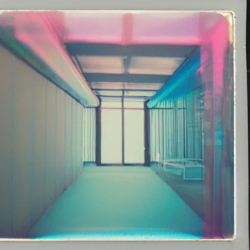 Prompt: a pastel coloured Polaroid photo of a maximalist sunbed made of transparent iridescent perspex stood in a field, beams of light, nostalgic