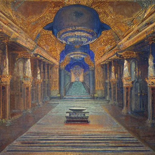 Image similar to a painting of a throne room , tiled floor a raytraced image by Mikalojus Konstantinas Čiurlionis, by Edward Okun, Gustave Moreau , metaphysical painting, hall of mirrors, Hungarian,ominous, dark, concept art, oil painting, blurred