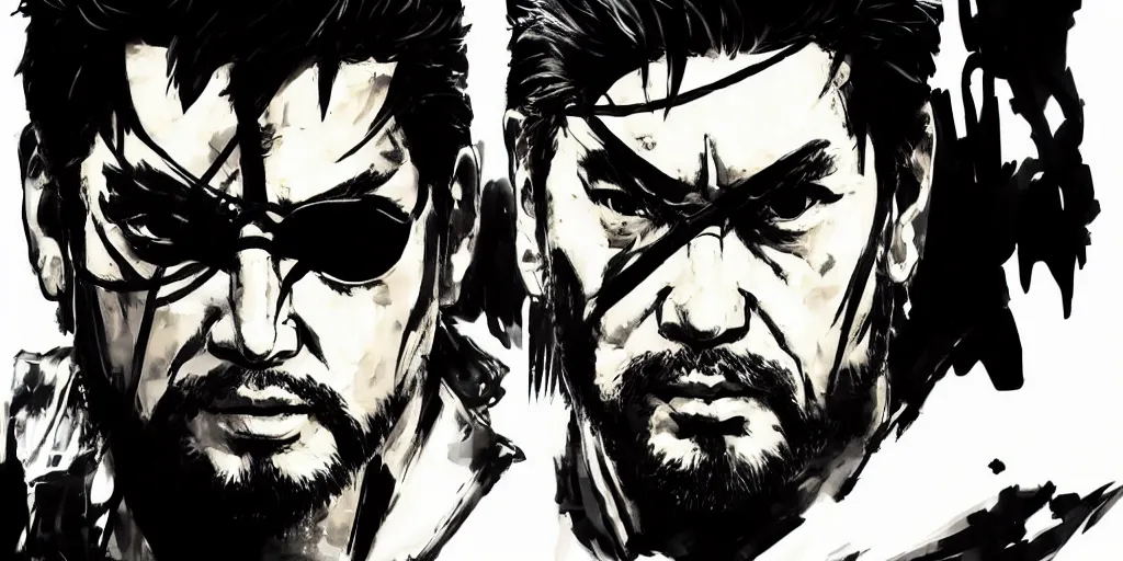 Image similar to a full - body portrait of chow yun - fat, in yoji shinkawa's art style, metal gear solid art style highly detailed, 4 k, artistic, white background, b & w