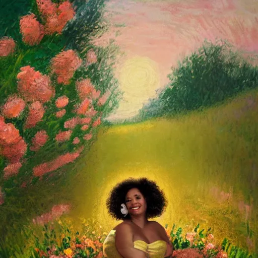 Image similar to pregnant black woman with curly hair in a vast field of flowers, laying down, a tiny black puppy running around, golden hour, vintage, impressionist painting, fine art, oil painting, dreamy, pastel, laughing, happy, intricate details, sharp, peaceful, serene