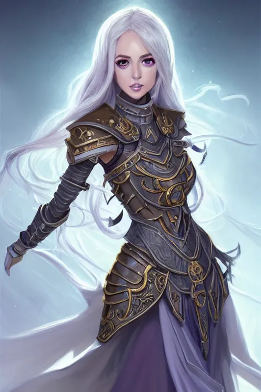 Prompt: a full body portrait of a gorgeous female paladin, D&D, choker on neck, stylish dress, very long flowing hair, intricate, elegant, stylish, cute slightly nerdy smile, mouth slightly open, fantasy, extremely detailed, digital painting, artstation, concept art, smooth, sharp focus, illustration, stunning lighting, art by artgerm and greg rutkowski and alphonse mucha and simon stalenhag