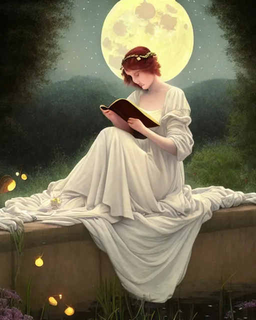 Prompt: a girl in white nightgown reading a book by the river, a full moon on the horizon, dark starry sky, golden orbs and fireflies, illustration, dramatic lighting, art nouveau, highly detailed face, 8 k, hd, by edmund blair leighton, brom, charlie bowater, trending on artstation, tom bagshaw