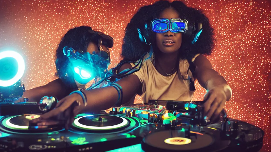 Image similar to a black woman wearing goggles and visor and headphones using an intricate clockwork record player turntable contraption, robot arms, turntablism dj scratching, intricate planetary gears, smoky atmosphere, cinematic, sharp focus, led light strips, bokeh, iridescent, black light, fog machine, hazy, lasers, spotlights, motion blur, color